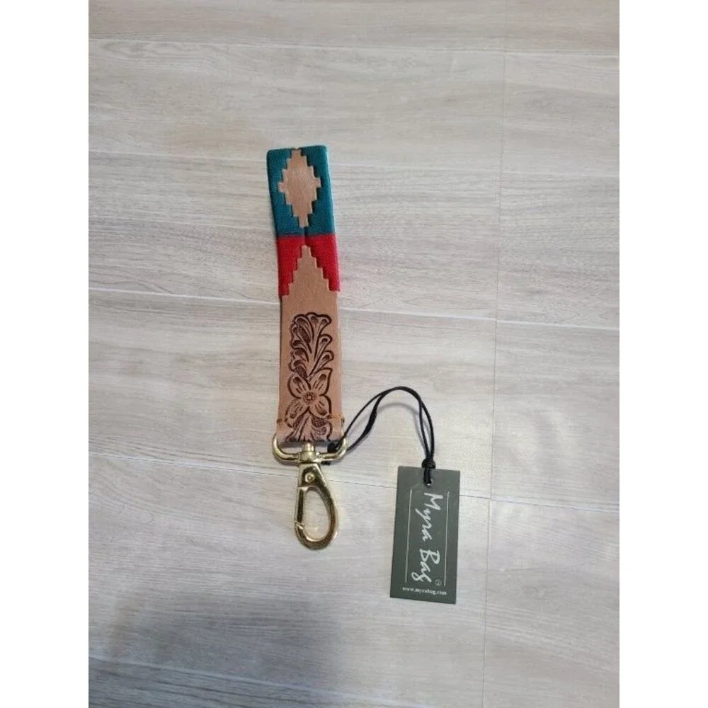 Myra Bag Tooled Leather Key Fob Wristlet Western Aztec Strap Keychain NWT